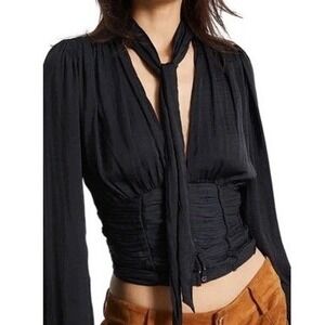 Free People Black Meet Me There Satin Look Button Down Top Size XS Whimsigoth